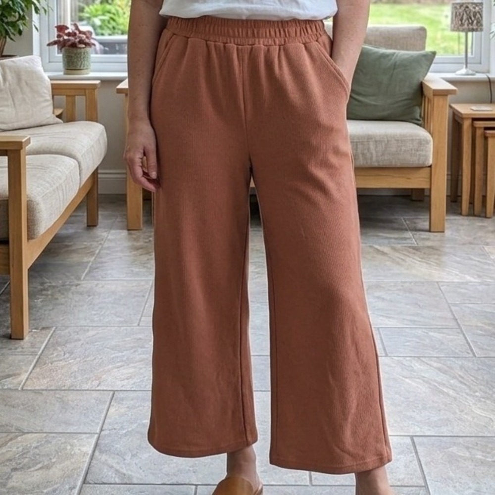 Anrabess Womens Ribbed Knit Wide Leg Pants Terracotta High Waist Lounge M Boho